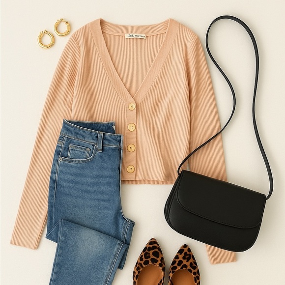 Zara Cropped Ribbed Button Sweater Top Small Beige Neutral Minimal Fall Layer - Picture 1 of 3